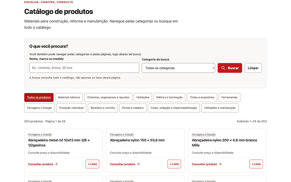 Catálogo de Hercília Construções con búsqueda, filtros por categoría, tarjetas de productos y botones para añadir materiales a una lista de presupuesto