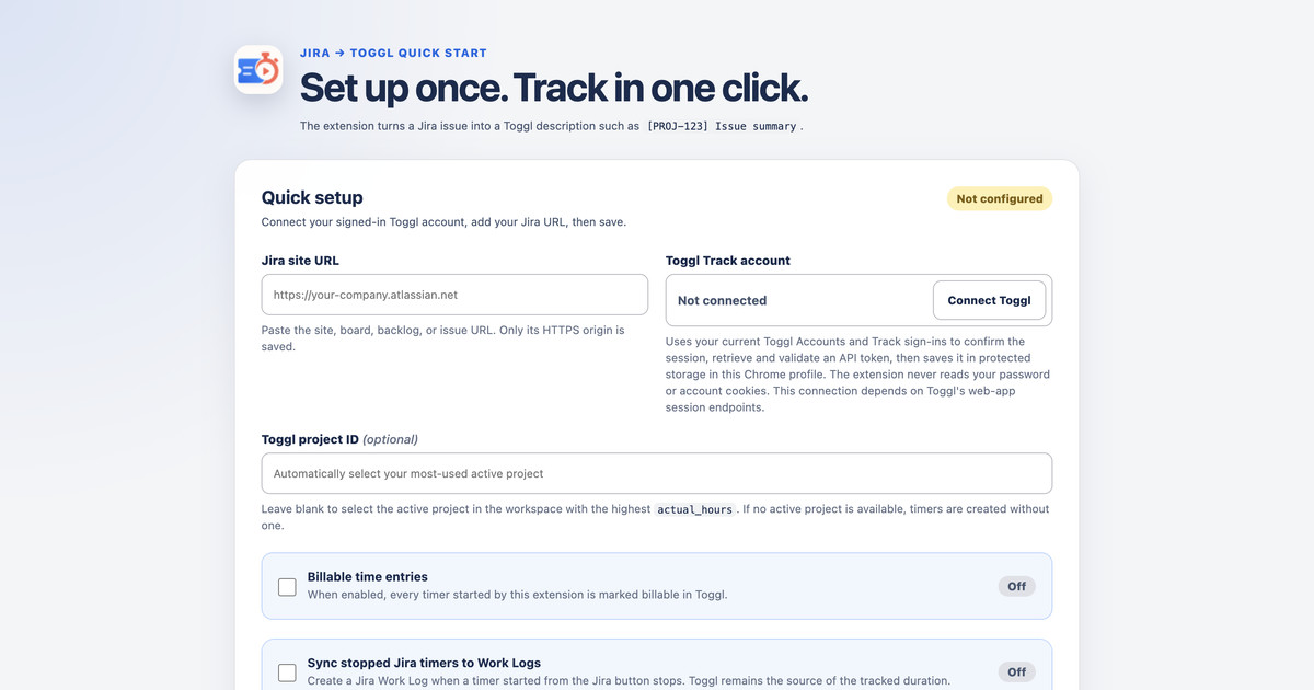 Jira → Toggl Quick Start banner