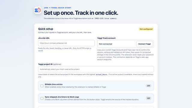 Jira → Toggl Quick Start preview
